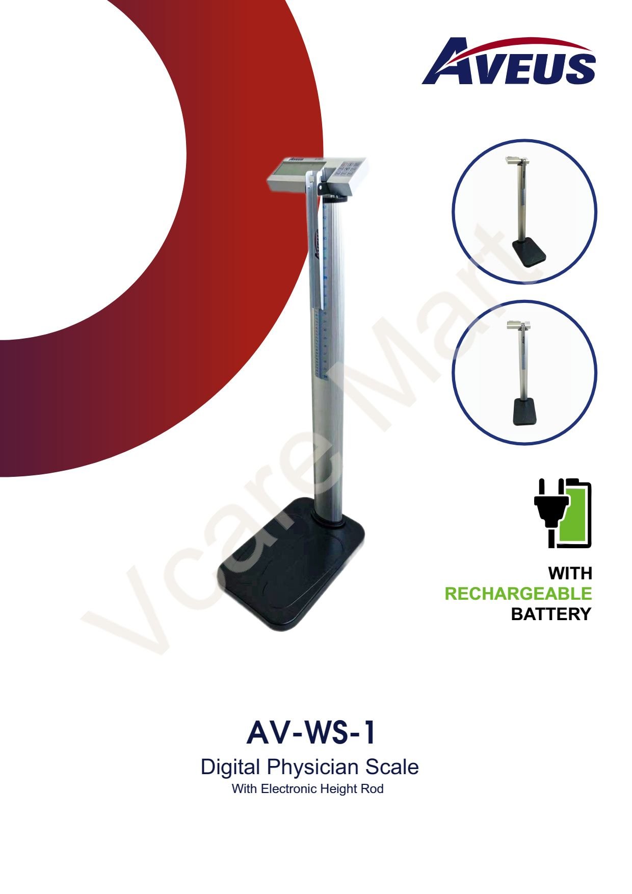 Catalogue of Aveus adult digital weighing scale AV-WS-1 for hospital, clinic gym and fitness center in UAE. Premium quality digital weighing scale at Vcare Mart in U.A.E